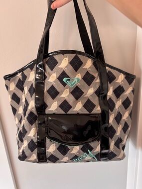 Roxy Black and Cream Bird-Print Tote with Teal Accent